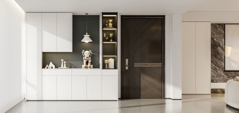Stainless Steel White Shoe Cabinet With Grid Wall Panel Design