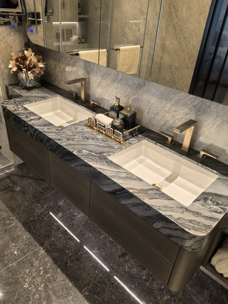 Fadior Luxe Arc â Stainless Steel Bathroom Vanity With Woodgrain Doors & Quartz Top - Doors: Warm woodgrain with bathroom vanity overview