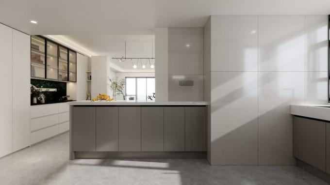 Fadior Light Grey Stainless Steel U Shaped Kitchen With Extended Island And Open Shelf Design - the collection â Pioneering stainless steel customization, known for with room context